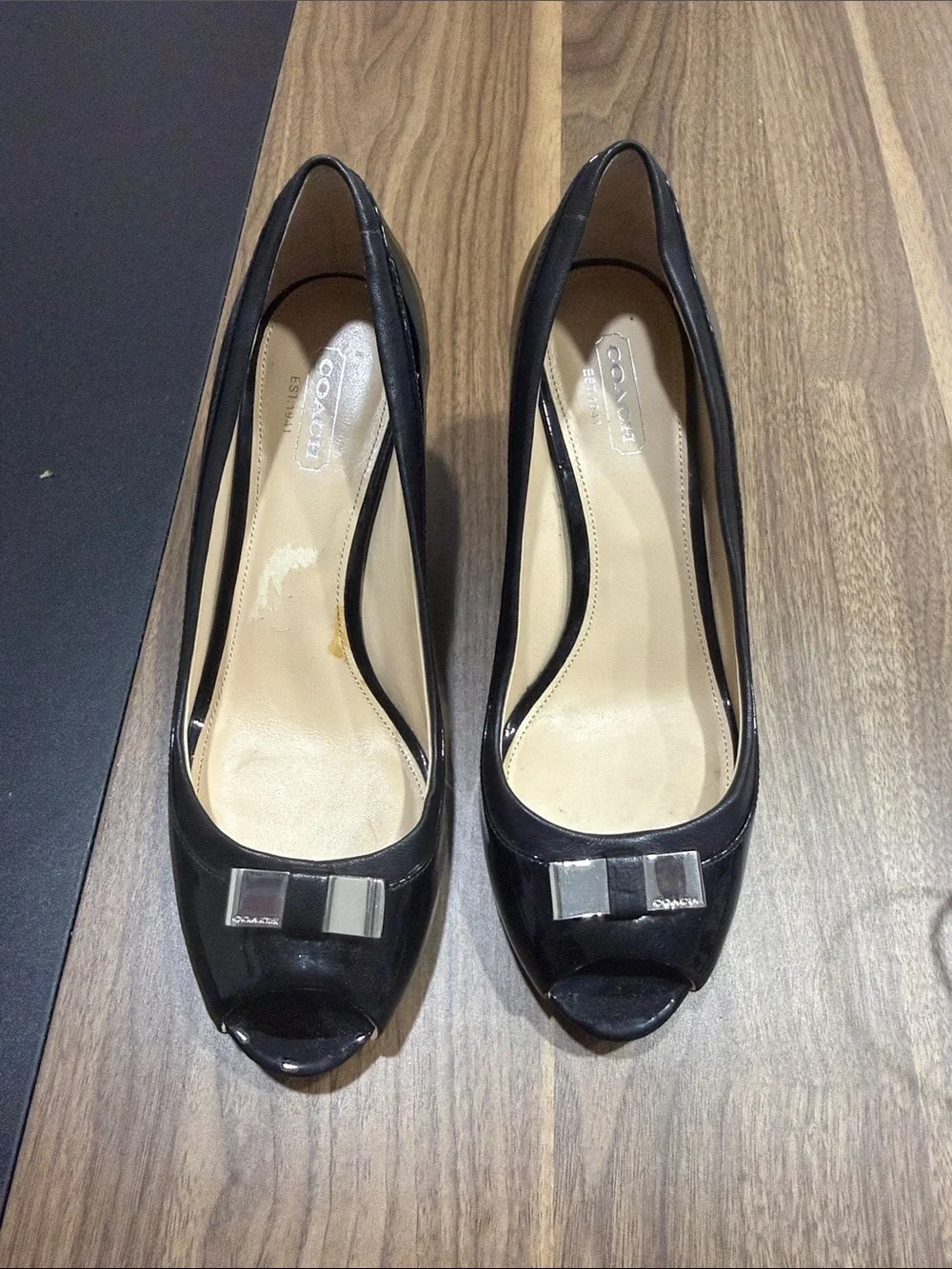 Coach Black Patent Leather Peep-Toe Heels with Bow Accent